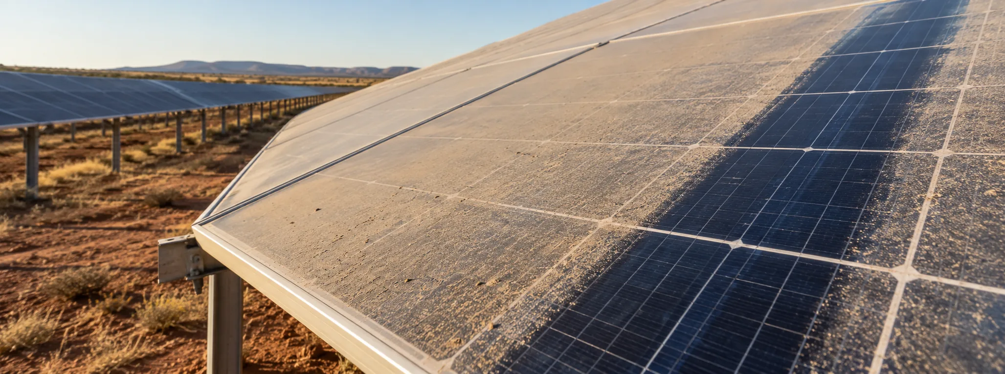 Utility-scale photovoltaic module with heavy dust and a clean swipe showing the contrast