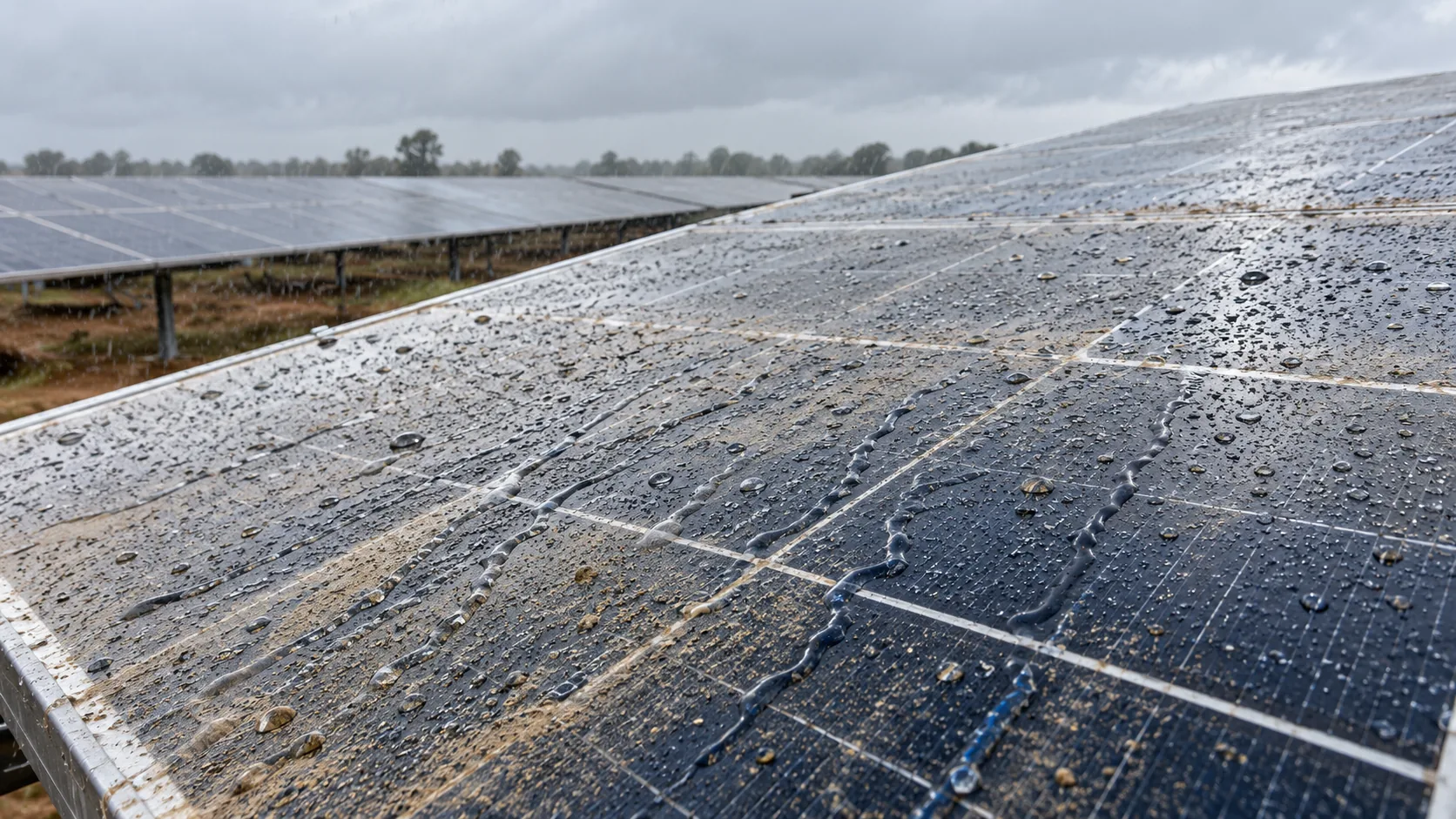 Rainwater forming clean channels through dust while residue remains on a photovoltaic module